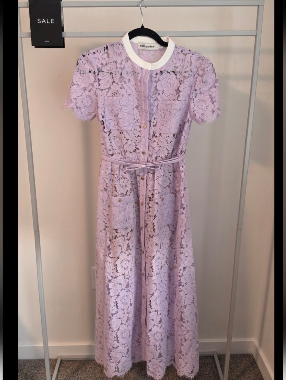 SELF-PORTRAIT Lilac Lace Button Front Midi Dress Size 4 - Picture 6 of 9